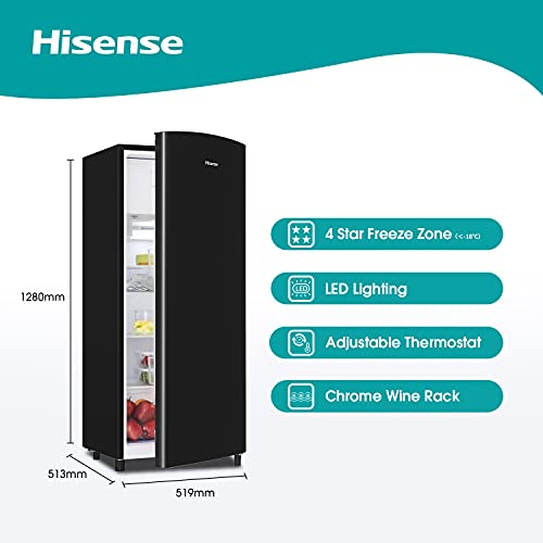 Hisense RR220D4ABF Frigorífico Una Puerta, Botellero Cromado, estantes XXL, 164 L de capacidad neta, 128 cm alto, Silencioso 40dBA, Color Negro
