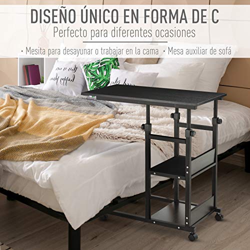 HOMCOM Mesa Auxiliar de Sofá Mesa Lateral en Forma de C con 4 Ruedas Giratorias Frenos Altura Ajustable 3 Niveles Marco Metal 80x40x72-82 cm Negro