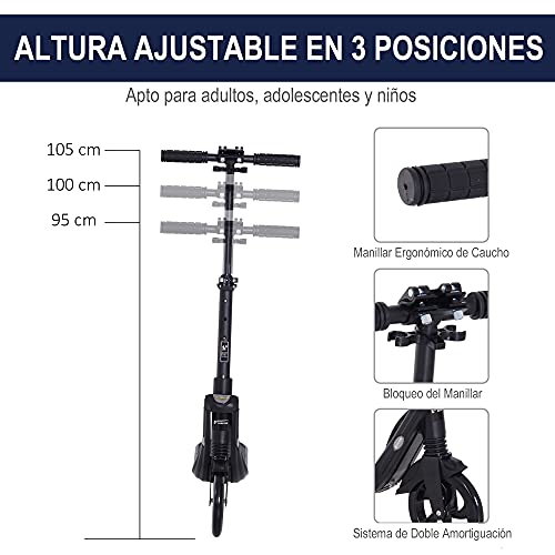 HOMCOM Patinete Plegable para Adultos y Niños +14 años Scooter con Manillar Altura Ajustable Tipo Monopatín con Freno Grandes Ruedas Carga 100kg 93,5x38x95-105cm Negro