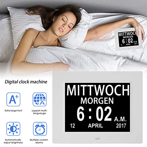 Honeyhouse Despertador digital de 8 pulgadas, con texto grande y calendario electrónico, día para enfermos de demencia, personas mayores, discapacitados visuales, niños pequeños