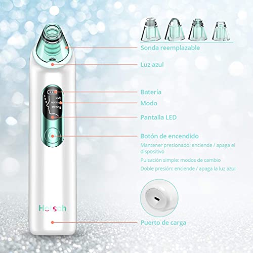 Hotsch Limpiador de Poros con Luz azul Succionador de Puntos Negros Blackhead remover Limpiador Facial Electrónico Recargable con Pantalla LED 4 Cabezales y 3 Modos para Espinillas y Acné