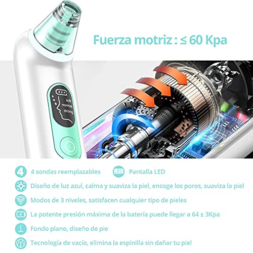 Hotsch Limpiador de Poros con Luz azul Succionador de Puntos Negros Blackhead remover Limpiador Facial Electrónico Recargable con Pantalla LED 4 Cabezales y 3 Modos para Espinillas y Acné