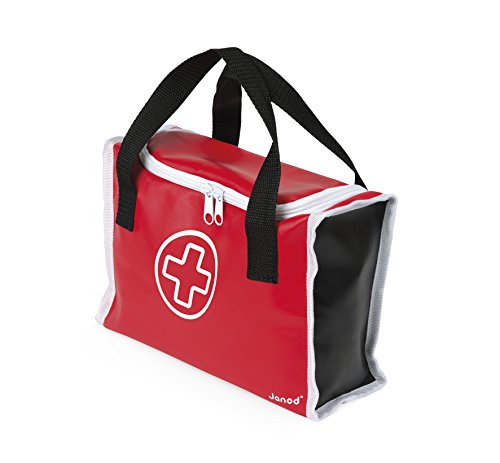 Janod - J06513 - Maletín de médico para niños con 10 accesorios de madera maciza incluidos, juguete de juego de simulación para niños a partir de 3 años, color rojo