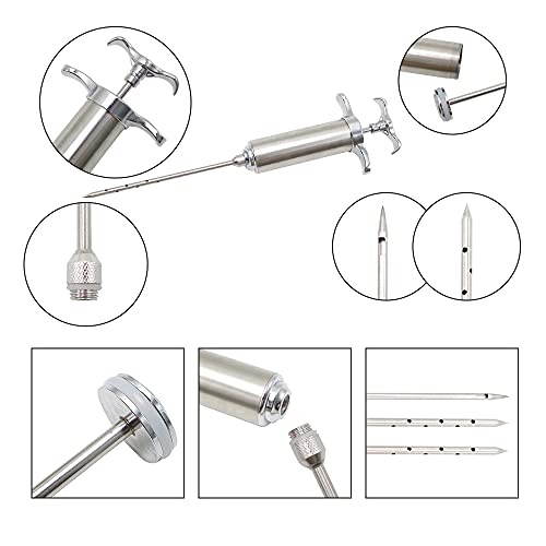 Jeringuilla Cocina da Acero,Jeringa de Cocina Inox Con 3 Agujas,Jeringuillas,Agujas Embuchar, Mechador De Carne,de Acero Inoxidable Para Pavo De Res BBQ 60 Ml 2 Oz Con 3 Cepillos (Plata)