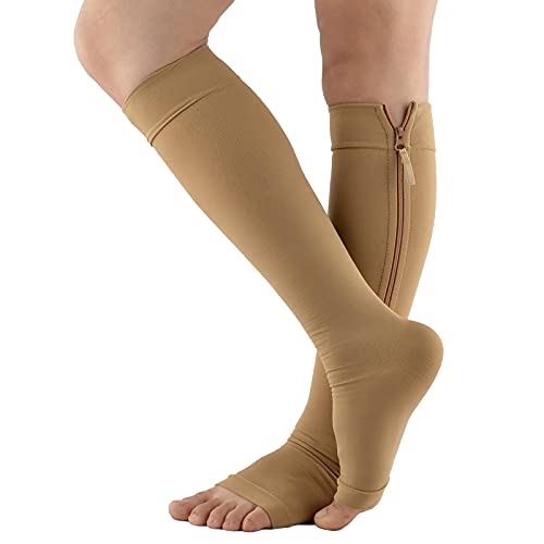 JJGS Calcetines de compresión, Medias de compresión con cremallera, tamaño S-XXL, medias de compresión sin pie, mejoran el flujo sanguíneo, adecuado para edema, hinchazón, embarazo, ejercicio Beige-XL