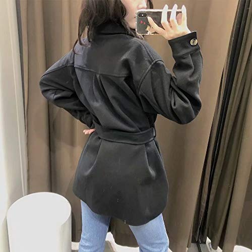 JNXFUZMG Mujeres 2020 Moda con cinturón Suelto Chaqueta de Lana Abrigo Vintage Manga Larga Bolsa Lateral Hembra Ropa Exterior Chic Abrigo (Color : Black, Size : Medium)