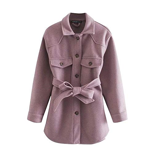 JNXFUZMG Mujeres 2020 Moda con cinturón Suelto Chaqueta de Lana Abrigo Vintage Manga Larga Bolsa Lateral Hembra Ropa Exterior Chic Abrigo (Color : Pink, Size : XS)