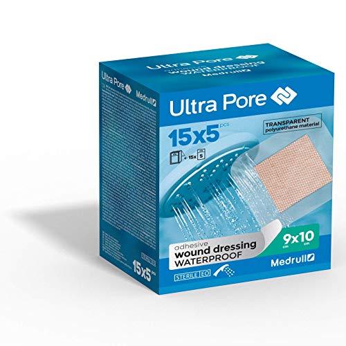 Juego de 75 Tiritas Impermeables Medrull - Tiritas Autoadhesivas para heridas - Diseño Transparente e Impermeable – Parches para Heridas Estériles 9 x 10 cm - Curación Suave y Efectiva
