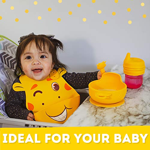 Juego de Vajilla en silicona sin BPA para bebes de 5 Piezas: Babero impermeable, plato antideslizante, cuchara y 2 tapas antiderrames. By MYRO Store.
