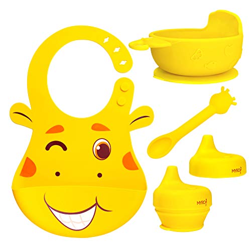 Juego de Vajilla en silicona sin BPA para bebes de 5 Piezas: Babero impermeable, plato antideslizante, cuchara y 2 tapas antiderrames. By MYRO Store.