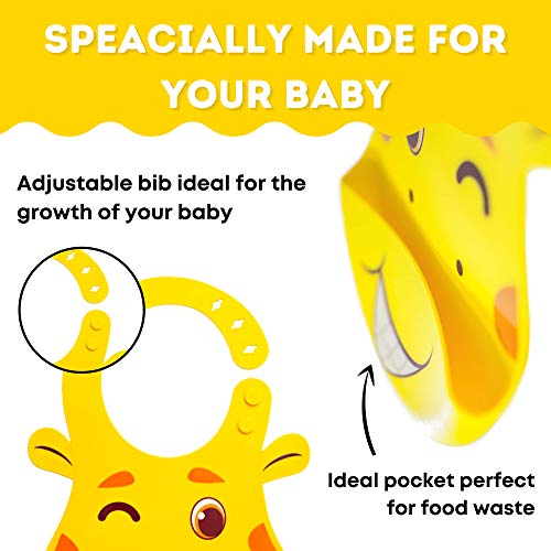 Juego de Vajilla en silicona sin BPA para bebes de 5 Piezas: Babero impermeable, plato antideslizante, cuchara y 2 tapas antiderrames. By MYRO Store.