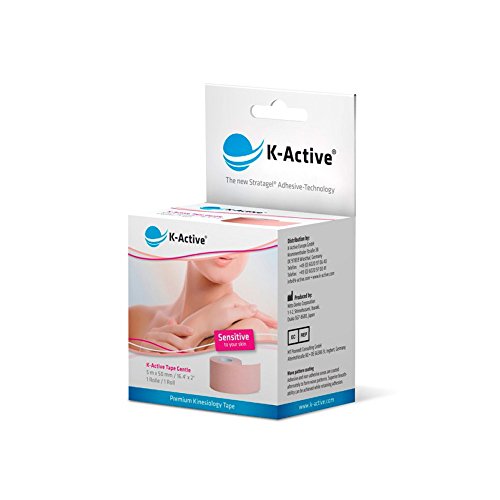 K-Active Kinesiologie Tape GENTLE con tecnología adhesiva STRATAGEL®, hidrorrepelente e hipoalergénico, 50 mm x 5 m, caja de 1 unidad