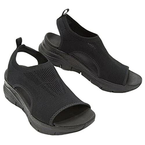 KFEK Sandalias Deportivas de Verano Lavables con Tirantes ortopédicos, Plataforma de Malla, Suela Suave, Sandalias Deportivas Informales para Mujer, cómodas Sandalias Deportivas de Punto (Negro 6 UK)