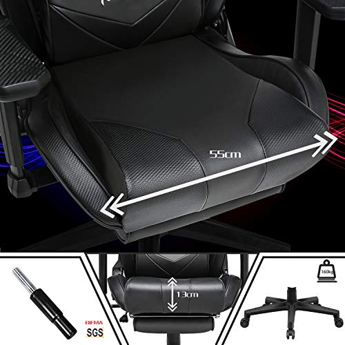 Kirogi Silla Gaming, Silla Gamers con reposapiés, Silla ergonómica de Ordenador con Soporte Lumbar, PC Silla de Adultos para Juegos, Silla Oficina Grande con Cuero de Fibra de Carbono.Negro