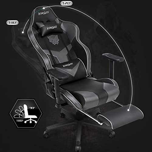 Kirogi Silla Gaming, Silla Gamers con reposapiés, Silla ergonómica de Ordenador con Soporte Lumbar, PC Silla de Adultos para Juegos, Silla Oficina Grande con Cuero de Fibra de Carbono.Gris