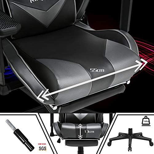 Kirogi Silla Gaming, Silla Gamers con reposapiés, Silla ergonómica de Ordenador con Soporte Lumbar, PC Silla de Adultos para Juegos, Silla Oficina Grande con Cuero de Fibra de Carbono.Gris