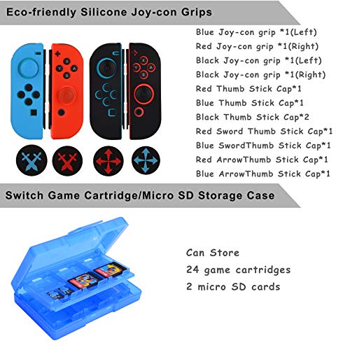 Kit Accesorios para Nintendo Switch y Nintendo Switch OLED - Funda Protector de Pantalla, Estuche De Juegos - Funda de Silicona Grips Wheel Caps para Nintendo Switch Joy-Con Mandos