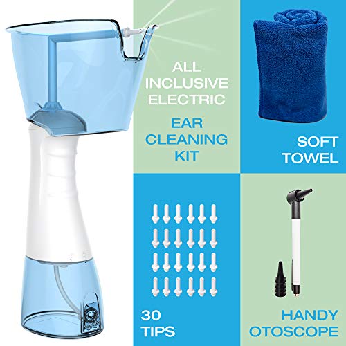 Kit eléctrico limpiador de oídos de Tilcare – Sistema eléctrico recargable de lavado de oidos - Kit completo de irrigation de oídos - Con otoscopio, toalla de microfibras y 30 puntas