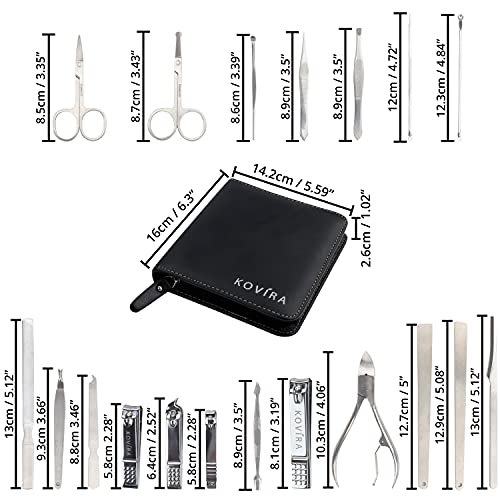 Kovira Kit Manicura y Pedicura con Cortaúñas (Pack de 19) Set Aseo Profesional Acero Inoxidable para Cuidado Cutícula y Uñas de los Pies para Hombres y Mujeres – Set Manicura Estuche Cuero Sintético
