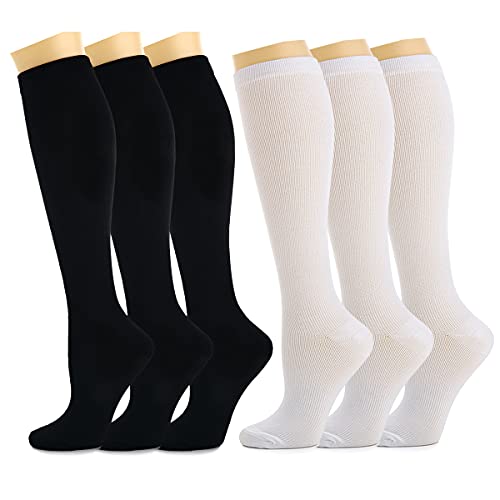 Kuzimua 6 Pares Calcetines/ Medias de Compresión para Hombres y Mujeres, Running, Deporte, Correr, Senderismo, Volar, Viajar, Varicosas, Embarazo y Médicos (3x Negro + 3x Blanco, m)
