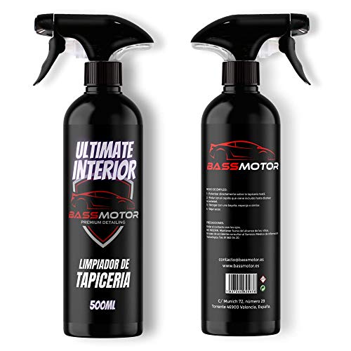 Limpia Tapicería Textil y Alcántara para Asientos Alfombrillas Coche con Manchas Limpiador Interior de Coches Espuma con Cepillo Incluido Uso Fácil Aroma a Nuevo BassMotor - Ultimate Interior 500ml