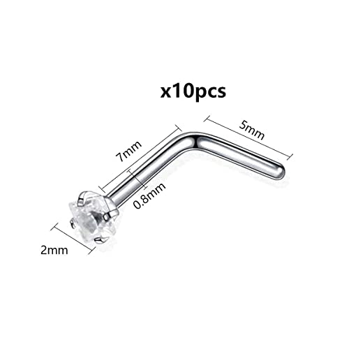 Liuxn 10 Piezas Piercing de Nariz Curvado Pendiente de Nariz de Acero Quirúrgico Barra Curvada de Zirconia Cúbica Joyería de Piercing de Nariz de L, 20 Gauge