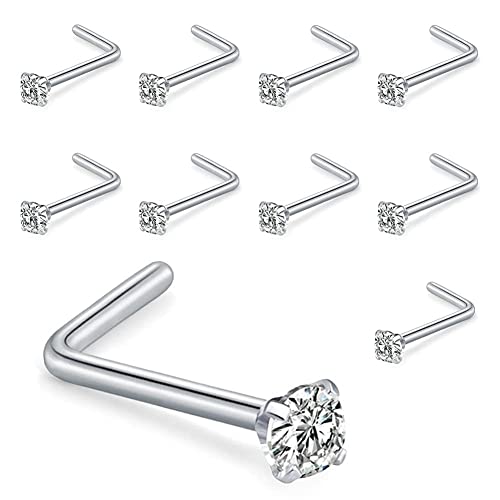 Liuxn 10 Piezas Piercing de Nariz Curvado Pendiente de Nariz de Acero Quirúrgico Barra Curvada de Zirconia Cúbica Joyería de Piercing de Nariz de L, 20 Gauge