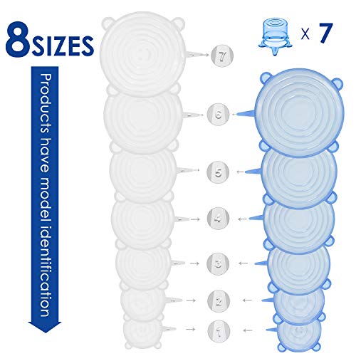 longzon 20 piezas Tapas de Silicona Reutilizables Ecológicas, Tapas Ecológicas Reutilizables, 8 Tamaños (hasta XXL) de Tapas Silicona Ajustables Cocina para Lavavajillas, Refrigerador - Redondos