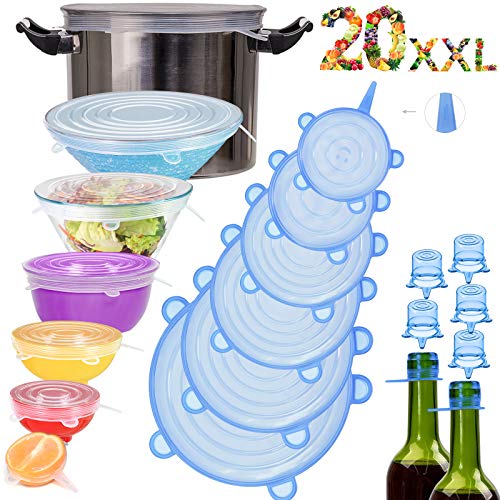longzon 20 piezas Tapas de Silicona Reutilizables Ecológicas, Tapas Ecológicas Reutilizables, 8 Tamaños (hasta XXL) de Tapas Silicona Ajustables Cocina para Lavavajillas, Refrigerador - Redondos