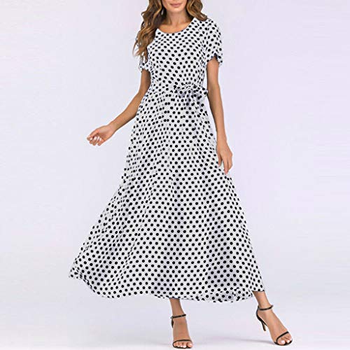 LRWEY Vestido largo de la moda de las mujeres del O-cuello de manga corta de la playa del vestido de lunares del vendaje maxi vestido