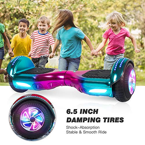 M MEGAWHEELS Hoverboard con Silla, Patinete electrico Auto Equilibrio 6.5 Pulgadas con Bluetooth, Fuerte Dual Motor y Hoverboard LED es un Regalo para niños.(Violet-Cyan)