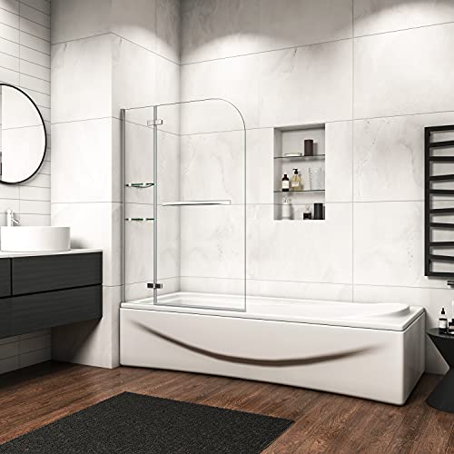 Mamparas de Bañera Biombo de Baño Abatible Cristal Templado 5 MM Estante Toallero, 100x140 CM