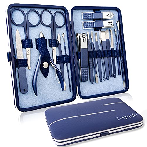 Manicura Pedicura Set 18 PCS Profesional Cortaúñas Acero Inoxidable Grooming Kit - Con Estuche De Viaje De Cuero Lujoso（Azul Oscuro）