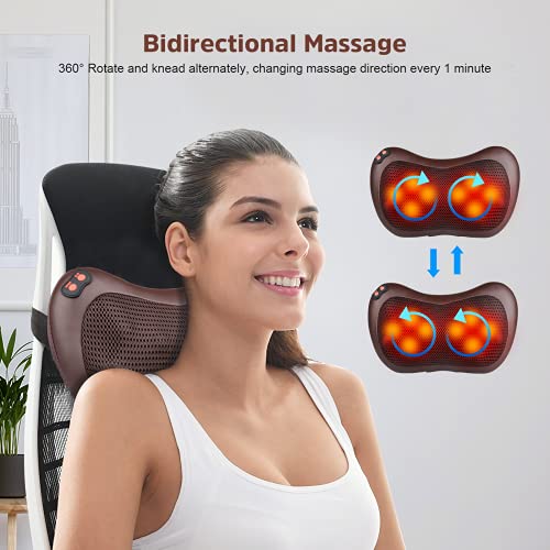 Masajeador Shiatsu con 8 Nodos, Cojín de Masaje Eléctrico con Calefacción, 3 Velocidades, Temporizador, Almohada de Masaje para Cuello Espalda Hombro Pie Pantorrilla Pierna, para Casa Oficina Coche
