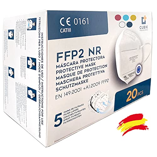Mascarilla FFP2 Colores Homologadas, 20 unidades, Fabricación 100% Española, Alta eficiencia 5 capas, talla única, CE 0161, EN 149: 2001+A1:2009 (Multi-Blister)
