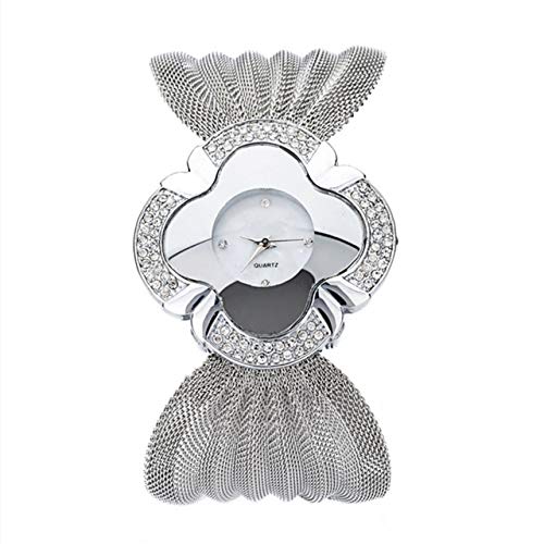 MDYH PTTCC AYSMG 2 PCS Forma de Flor Espejo Dial Cuadrícula de Diamantes Correa Reloj de Cuarzo for Mujeres (Oro) (Color : Silver)