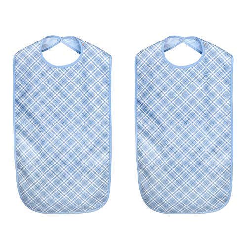 MIRTUX Pack de 2 baberos de adulto. Impermeables, lavables y reutilizables. Calidad excelente, super resistente y con cierre clip con 3 posiciones. Tamaño: 45 x 90 cm.