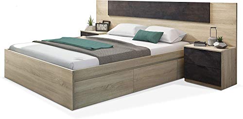 Mobelcener – Cabezal y 2 Mesitas de Noche – Cabecero Matrimonio y 2 Mesitas de Noche – Color Roble Canadian y Óxido - Medidas: Ancho: 247 cm x Fondo: 38 cm x Alto: 95 cm - (1093)