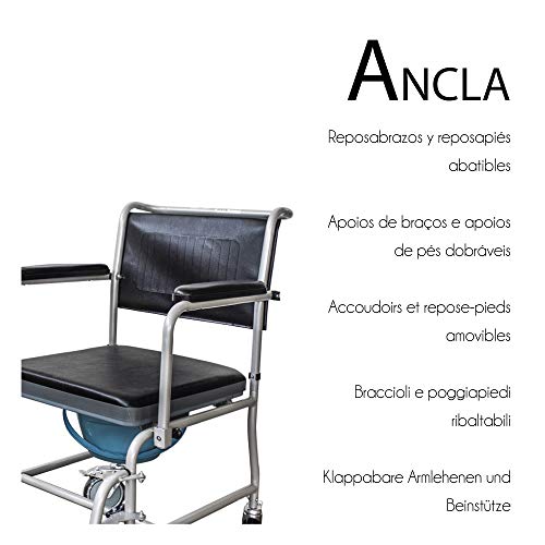 Mobiclinic, Ancla, Silla de WC con ruedas, Silla de inodoro para minusválidos, Silla de ruedas con inodoro, discapacitados, ancianos, Plegable, Reposabrazos, Asiento ergonómico, Gris