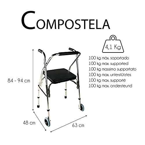 Mobiclinic, Compostela, Andador para Ancianos con Dos Ruedas, Marca Española, Andador Plegable para adultos, andador con asiento, Aluminio, Altura Regulable, Plata/Negro