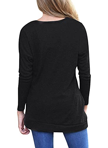 MOLERANI Tops de Manga Larga Camiseta de Mujer Túnica de Mujer Sudadera Informal de Cuello Redondo con Botones Negro Talla 42-44 L