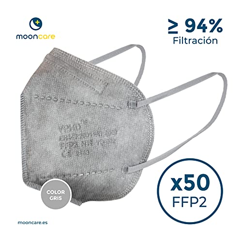 Mooncare Dispensador Mascarillas FFP2 [Pack 50 Uds] Oreja, Mascarilla Certificada/Homologada [NR], Eficacia Filtración > 94%, Norma EN149:2001+A1:2009, No Grafeno, Aprobadas Por INGESA (Gris)