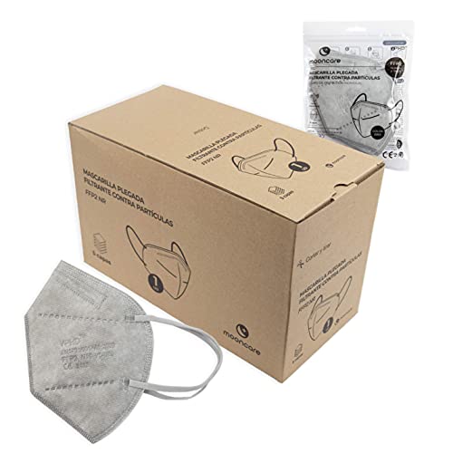 Mooncare Dispensador Mascarillas FFP2 [Pack 50 Uds] Oreja, Mascarilla Certificada/Homologada [NR], Eficacia Filtración > 94%, Norma EN149:2001+A1:2009, No Grafeno, Aprobadas Por INGESA (Gris)