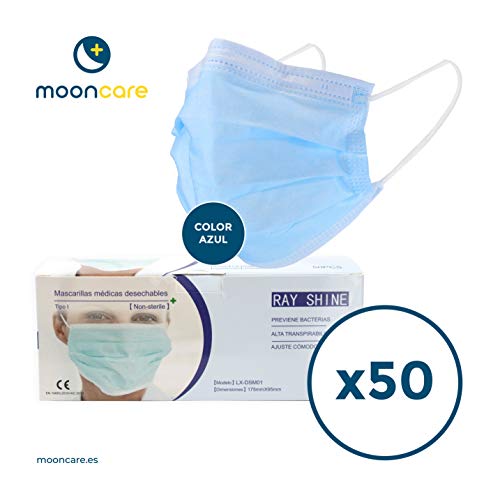Mooncare Mascarilla Quirúrgica, [50 Uds/Caja], Mascarillas Desechables De 3 Capas [No Reutilizable], Mascarilla Certificada/Homologada, Eficacia de Filtración >99%, No Contiene Grafeno (Azul)