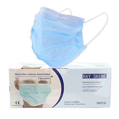 Mooncare Mascarilla Quirúrgica, [50 Uds/Caja], Mascarillas Desechables De 3 Capas [No Reutilizable], Mascarilla Certificada/Homologada, Eficacia de Filtración >99%, No Contiene Grafeno (Azul)