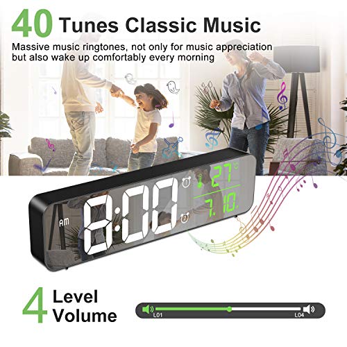 MOSUO Reloj Despertador Digital, Reloj de Pared con Temperatura Tiempo Fecha, 10" Gran Pantalla LED Espejo Reloj Digital con 2 Alarma 40 Música 6 Niveles de Brillo USB Puerto, Negro