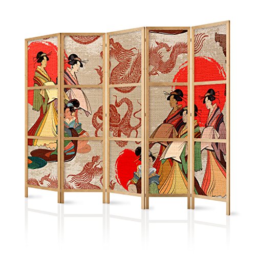 murando - Biombo XXL Geisha 225x171 cm 5 Paneles Lienzo de Tejido no Tejido Tela sintética Separador Madera Design de Moda Hecho a Mano Deco Japón p-B-0027-z-c