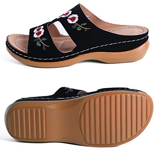 MUYOGRT Sandalias con Plataforma para Mujer Bordadas Mules Cómodos Zapatillas Sandalias de Cuña sin Espalda Verano Antideslizante Ortopédica Vintage Sandalias con Punta Abierta (35 EU, Negro)