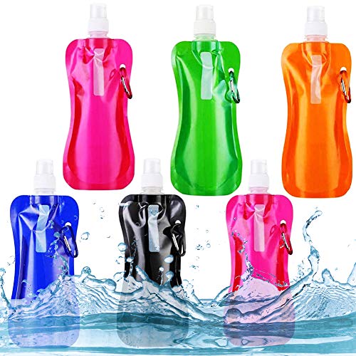 NALCY Botella de Agua Plegable, 6PCS Botella de Agua Plegable, Botella de Agua Potable Reutilizable de 480ml con Mosquetón de Aluminio para Senderismo, Ciclismo, Camping