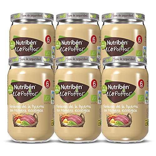 Nutribén EcoPotitos De Verduras de la Huerta con Ternera - Ingredientes ecológicos- Desde Los 6 Meses, Pack de 6 x 235 gr.